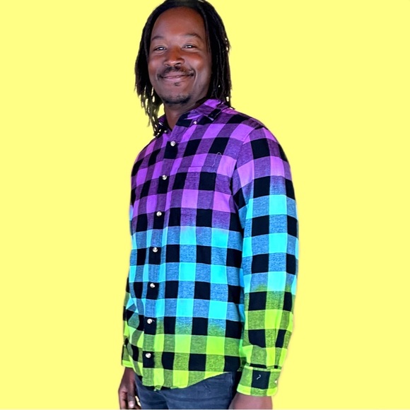 Oversized Flannel Shirt Dip Dye Purple Neon Green Blue Ombre Gradient Tie Dye - Picture 4 of 7